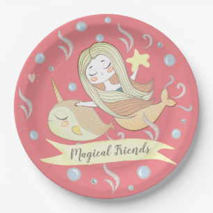Narwhal Mermaid Starfish Whimsical Pink Fantasy Paper Plate