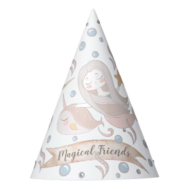 Narwhal,Mermaid,Unicorn,Dragon Pastel Personalised Party Hat (Front)