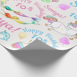 Narwhal, Mermaid, Unicorn Personalised Name, Age Wrapping Paper
