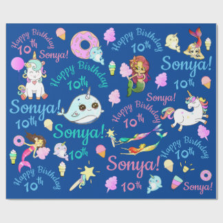 Narwhal, Mermaid, Unicorn Personalised Name, Age Wrapping Paper