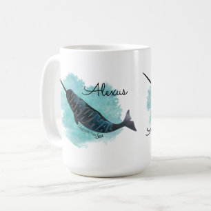 Narwhal on Watercolor Heart, Personalised Coffee Mug