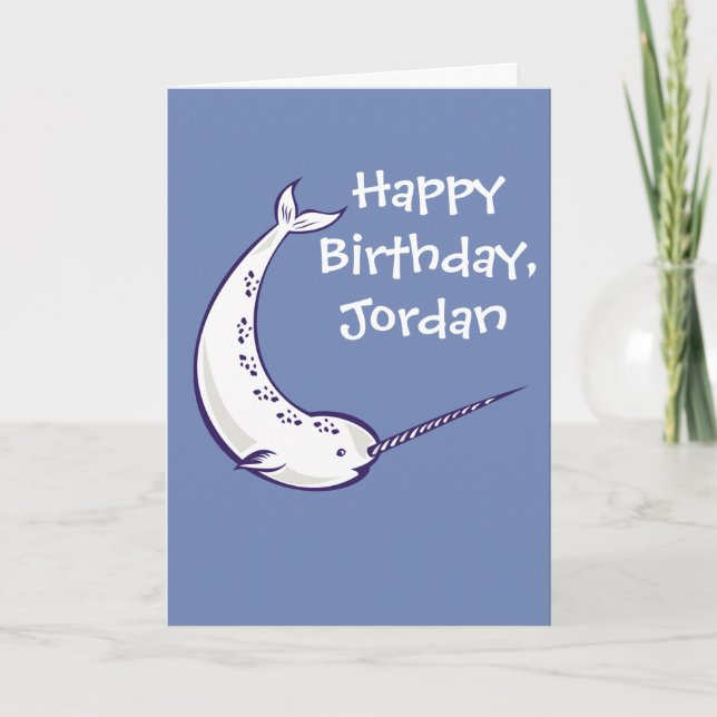 Narwhal Personalised Birthday Card in Blue (Front)