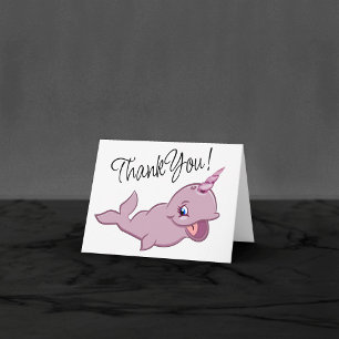 Narwhal Pink   Girly Kawaii Chibi Cartoon Animal Thank You Card