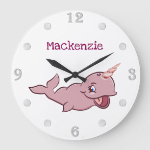 Narwhal Pink Girly Kawaii Chibi Cartoon Custom Large Clock