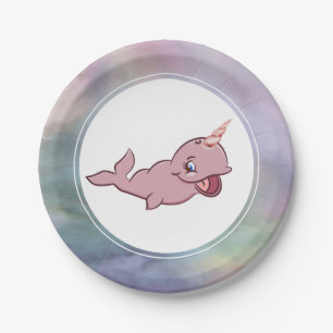 Narwhal Pink Girly Kawaii Chibi Cartoon Party Paper Plate