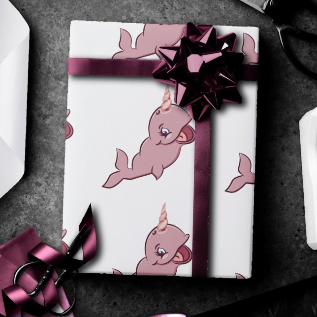 Narwhal Pink | Girly Kawaii Chibi Cartoon Party Wrapping Paper (Creator Uploaded)