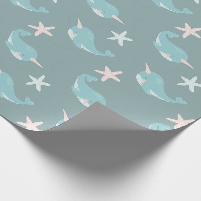Narwhal & Starfish Pattern Sea Green Wrapping Paper (Corner)