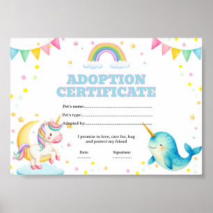Narwhal unicorn adopt a pet colouring certificate poster
