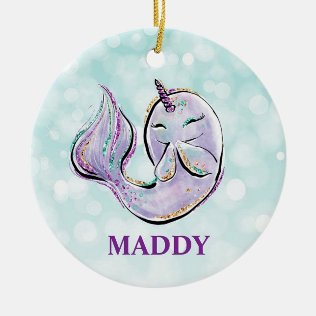 Narwhal Unicorn Of The Sea Cute Kids Ceramic Tree Decoration (Front)