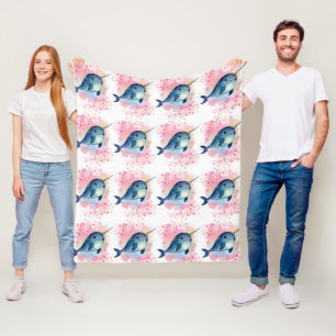 Narwhal Watercolor Floral Pink Print Fleece Blanket