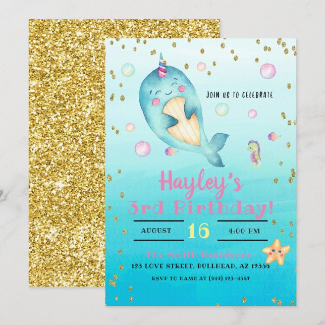 Narwhal Watercolor Pastel Girls Birthday Party Invitation (Front/Back)