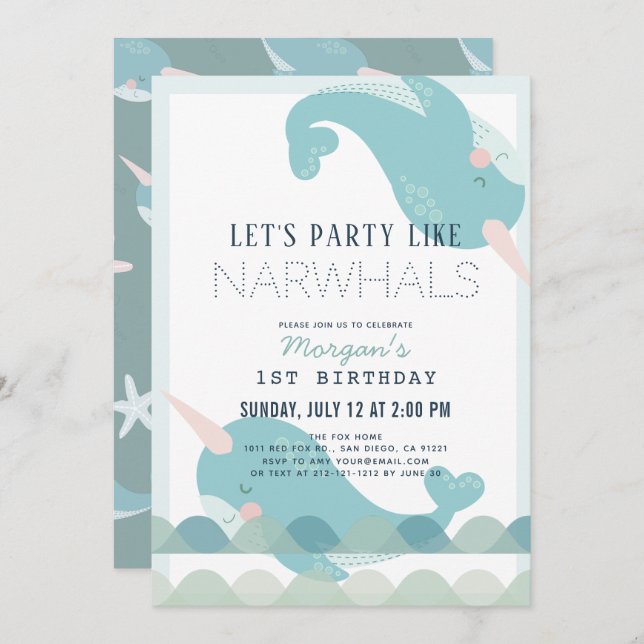 Narwhal Waves Sea Blue Boy 1st Birthday Invitation (Front/Back)