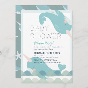 Narwhal Waves Sea Blue Boy Baby Shower Invitation