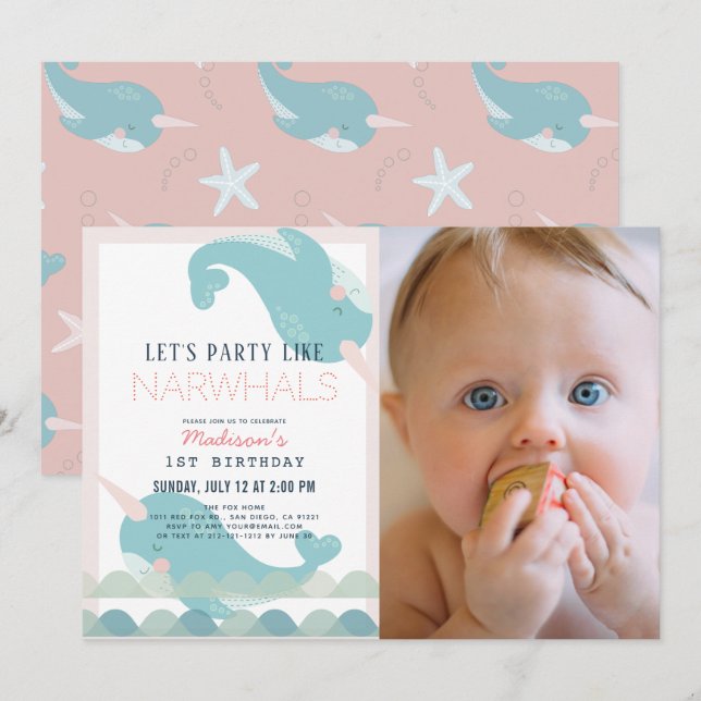 Narwhal Waves Sea Pink Girl 1st Birthday Photo Invitation (Front/Back)