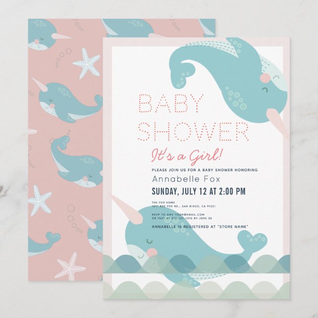 Narwhal Waves Sea Pink Girl Baby Shower Invitation (Front/Back)
