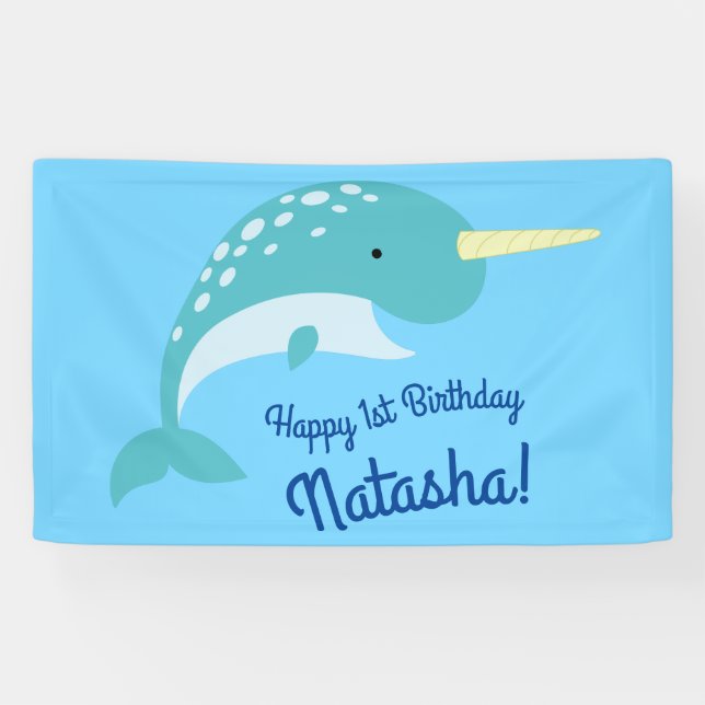 Narwhals Ocean Cute 1st Birthday Party Theme Banner (Horizontal)