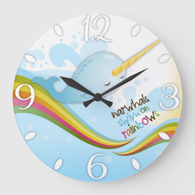 Narwhals Swim on Rainbows Large Clock (Front)