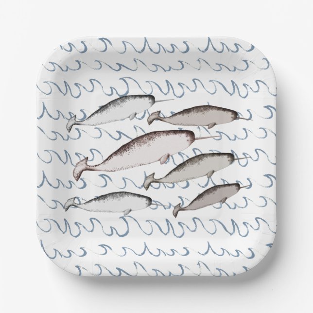 Narwhals Swim Waves Drawing Pattern Whale White Paper Plate (Front)