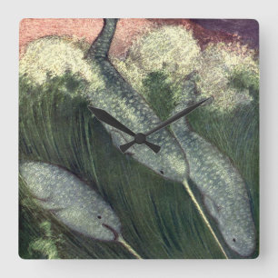 Narwhals, Vintage Marine Life Whales Ocean Animals Square Wall Clock