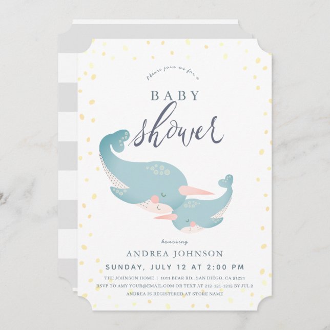 Narwhals Watercolor Grey Baby Shower Invitation (Front/Back)