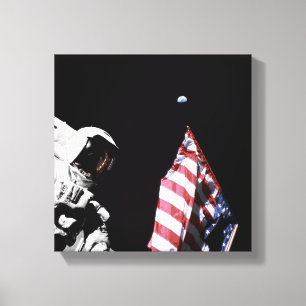 NASA Apollo 17 Astronaut Flag Earth Moon Photo Canvas Print