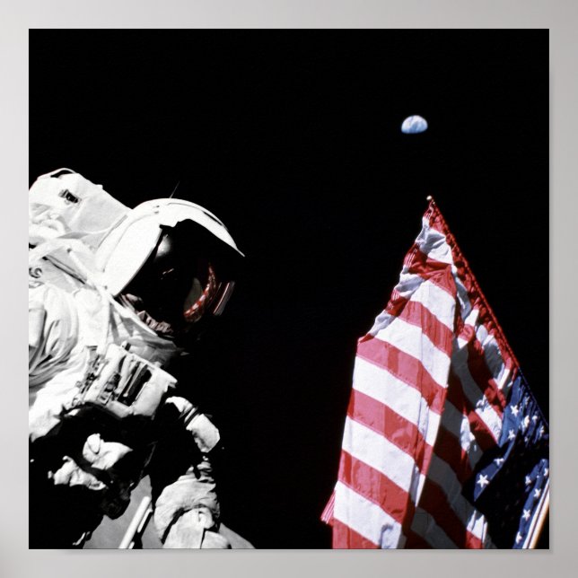 NASA Apollo 17 Astronaut Flag Earth Moon Photo Poster (Front)