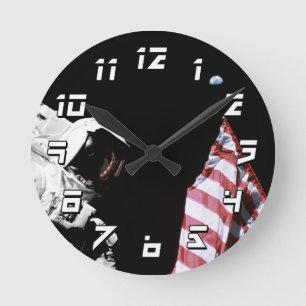 NASA Apollo 17 Astronaut Flag Earth Moon Photo Round Clock