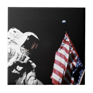 NASA Apollo 17 Astronaut Flag Earth Moon Photo Tile