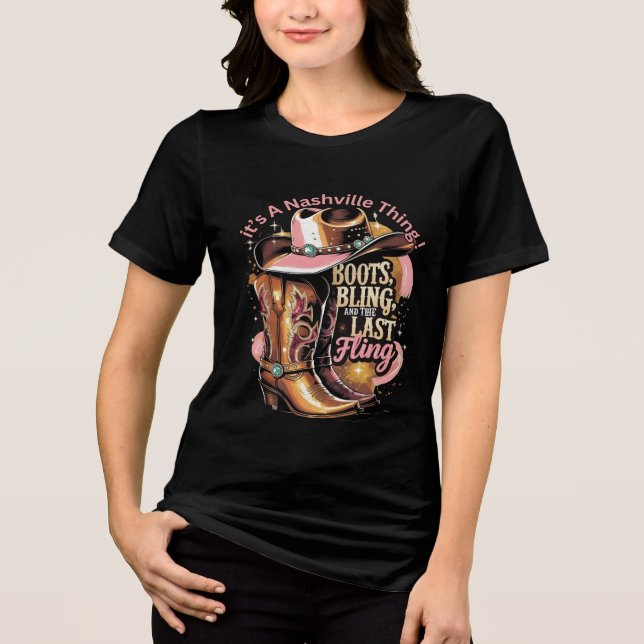 Nashville Bachelorette Party -“Boots, Bling, " Tri-Blend Shirt (Front)