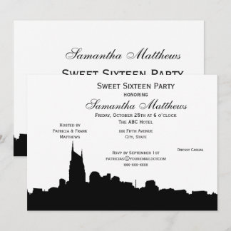 Nashville Black Skyline Silhouette Sweet 16 Invitation
