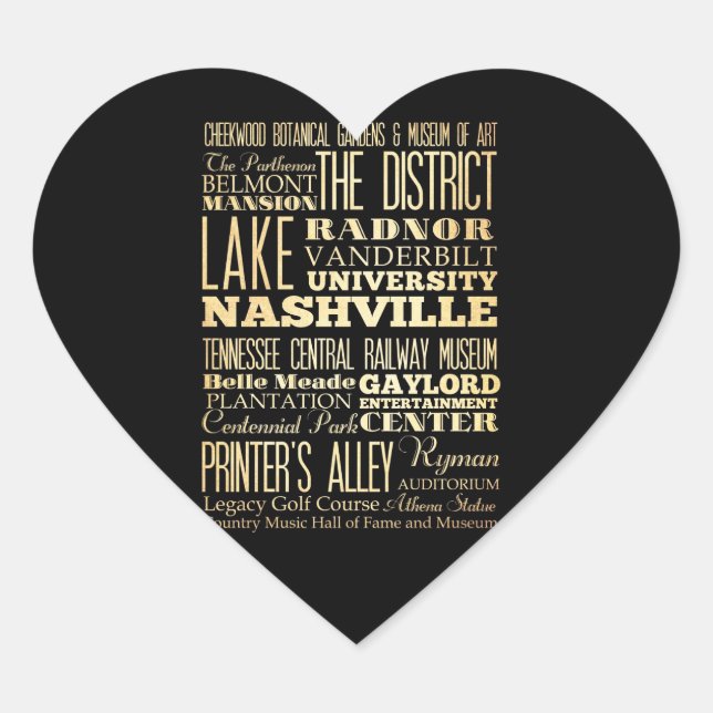 Nashville City of Tennessee State Typography Art Heart Sticker (Front)