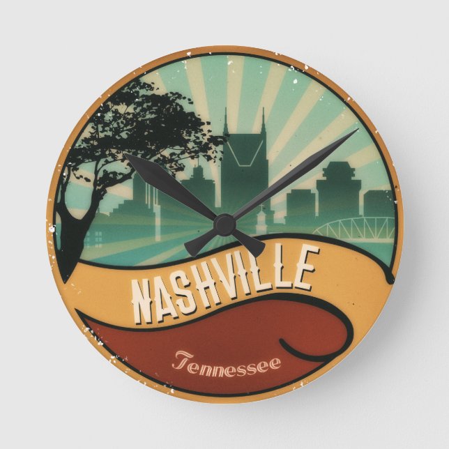 Nashville City Skyline Retro Vintage Wall Clock (Front)