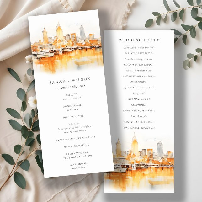Nashville City Skyline Watercolor Wedding Program Invitation (Creator Uploaded)