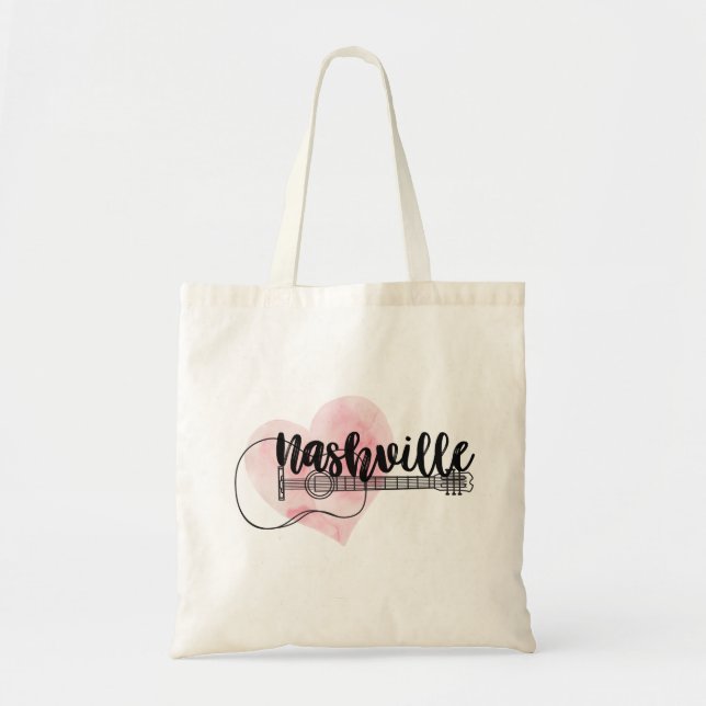Nashville Guitar watercolor heart design Tote Bag (Front)