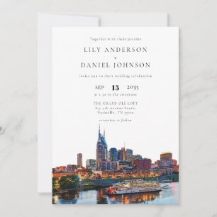 Nashville Riverfront Watercolor Elegant Wedding Invitation