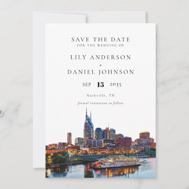Nashville Riverfront Watercolor Elegant Wedding Save The Date (Front)
