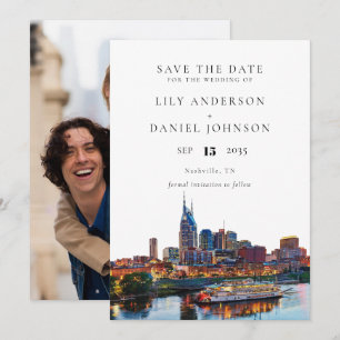 Nashville Riverfront Watercolor Photo Wedding Save The Date