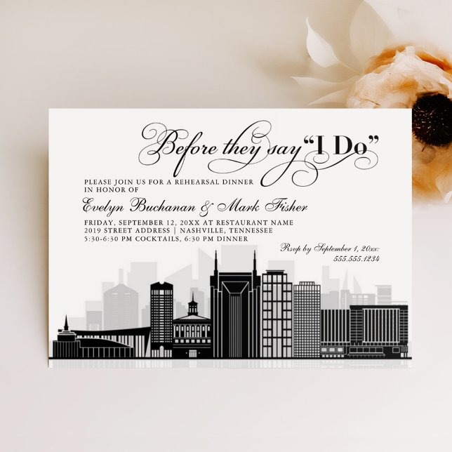 Nashville Skyline Black Wedding Rehearsal Dinner Invitation (Creator Uploaded)