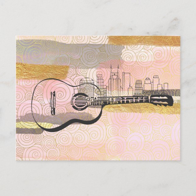 Nashville Skyline Guitar Watercolor Design Postcard (Front)