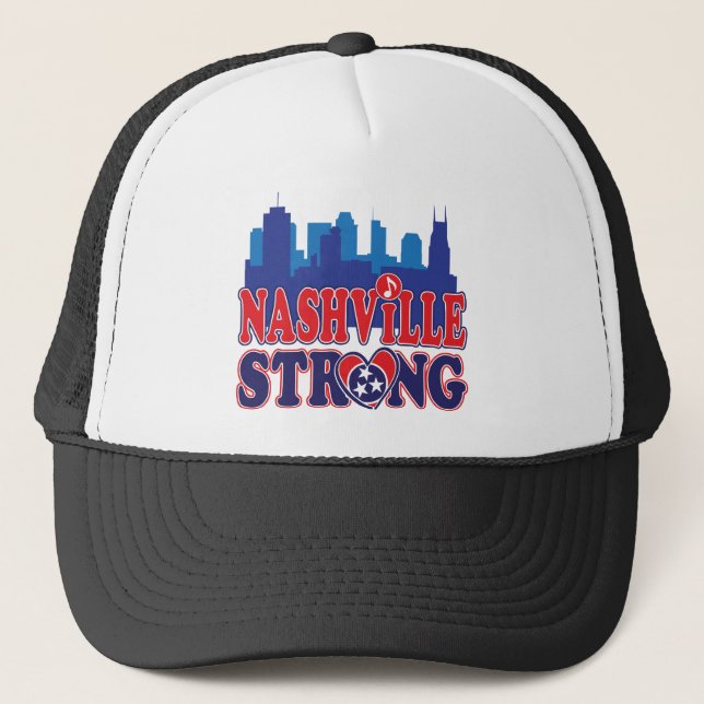 Nashville-Strong-Skyline-and-Music-Note Trucker Hat (Front)