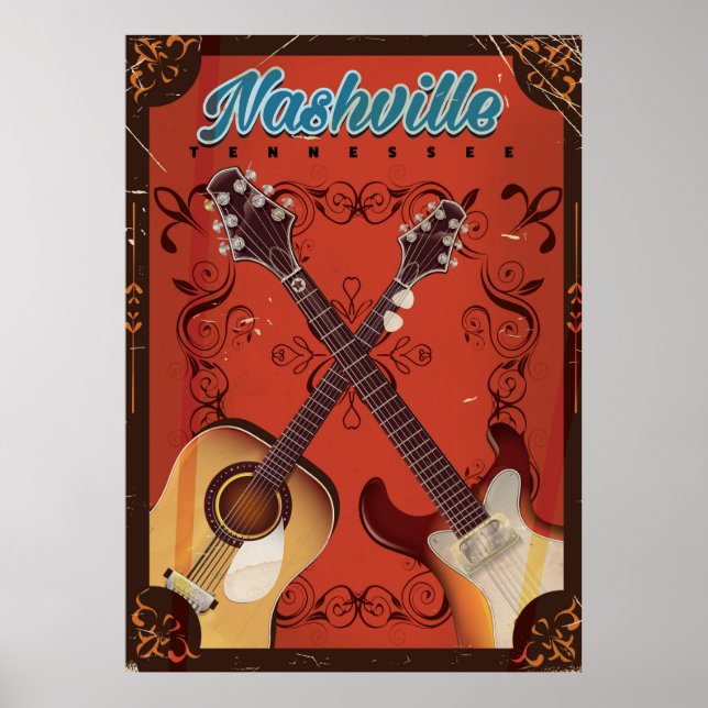 Nashville, Tennessee Guitar vintage travel poster (Front)