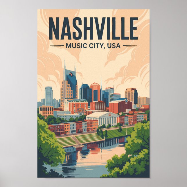 Nashville Tennessee Skyline Travel Art Vintage Poster (Front)