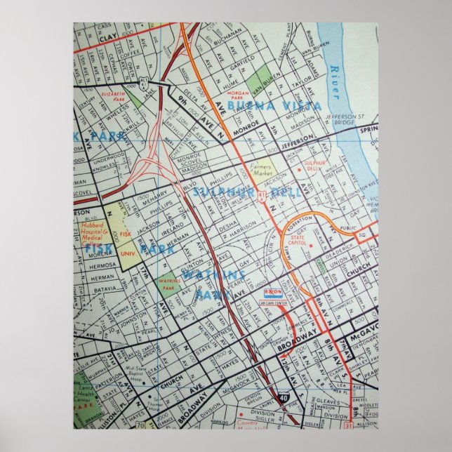 Nashville, TN Vintage Map Poster (Front)