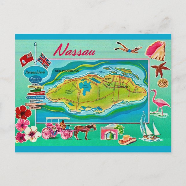 Nassau Bahamas Vintage Map Postcard (Front)