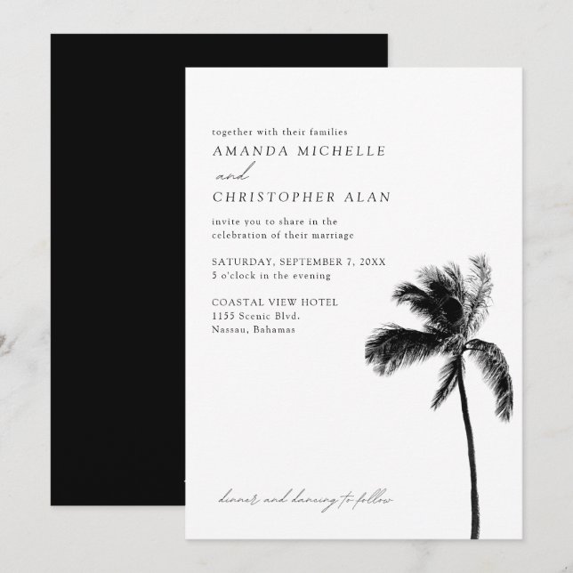 Nassau Bahamas Wedding Black & White Elegant Invitation (Front/Back)