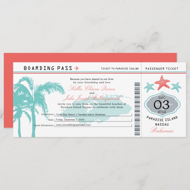 Nassau Bahamas Wedding Boarding Pass Invitation (Front/Back)