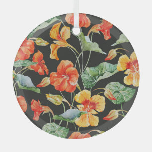Nasturtium Orange: Watercolor Dark Pattern. Glass Tree Decoration