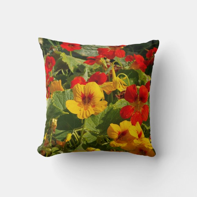 Nasturtium orange, yellow, green, garden scene cushion (Front)