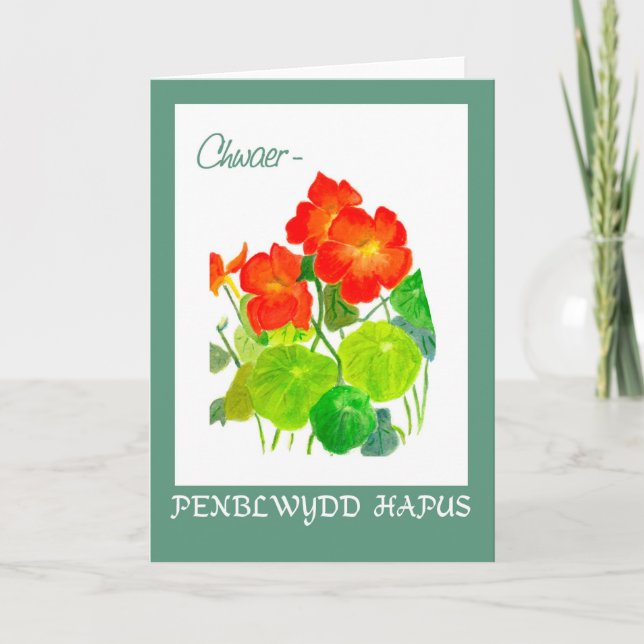 Nasturtiums Birthday Card: Sister, Welsh Greeting Card (Front)