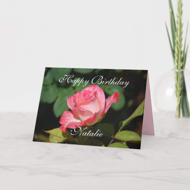 Natalie Happy Birthday Pink and White Rose Card (Front)